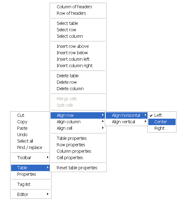 Tables context menu.